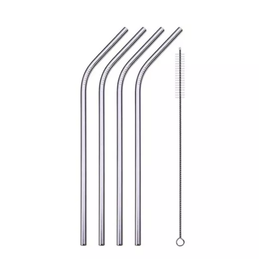 Lot de 4 pailles en inox courbées avec goupillon et étui Lot de 4 pailles en inox courbées avec goupillon et étui