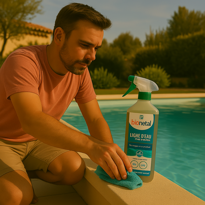 Produit nettoyant écologique pour ligne d’eau de piscine en spray ou en bidon