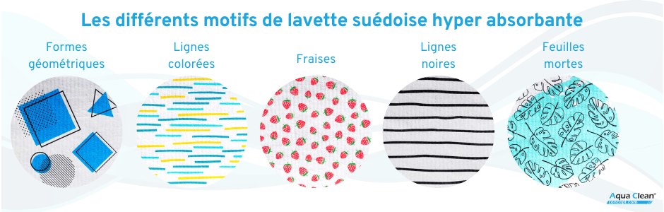 Différents motifs de la lingette suédoise Aqua Clean Concept