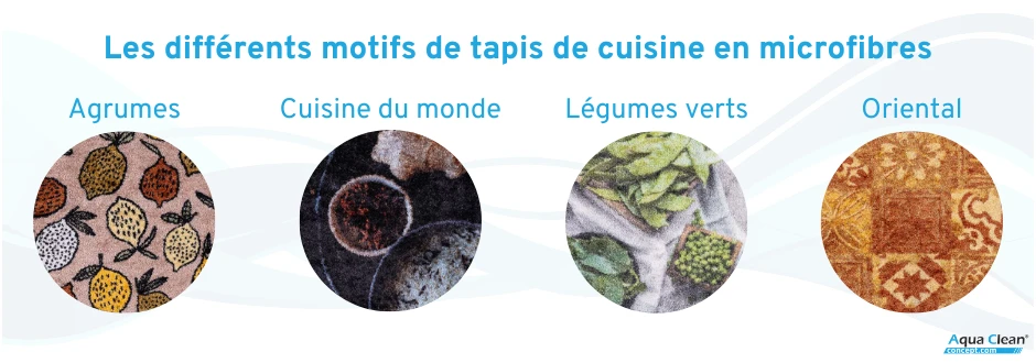 Différents motifs de tapis absorbants en microfibres pour cuisine Aqua Clean Concept