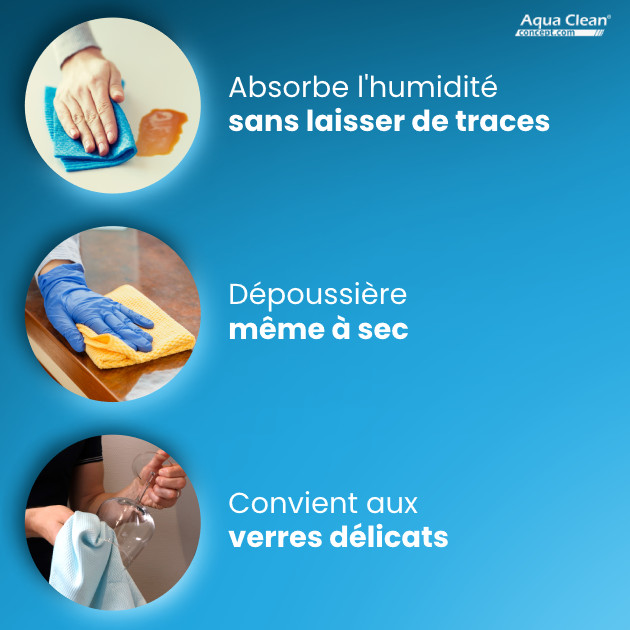 L'essuie-verre écaillé en microfibres d'AquaCleanConcept absorbe l'humidité 5x plus facilement qu'un chiffon en coton et peut même servir pour les verres les plus fins et délicats