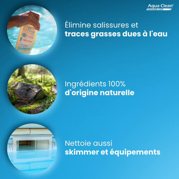 Le produit pour ligne d'eau de piscine de Bionetal est composé d'ingrédients 100% naturels et élimine les taches de graisses dues à l'eau et les salissuress