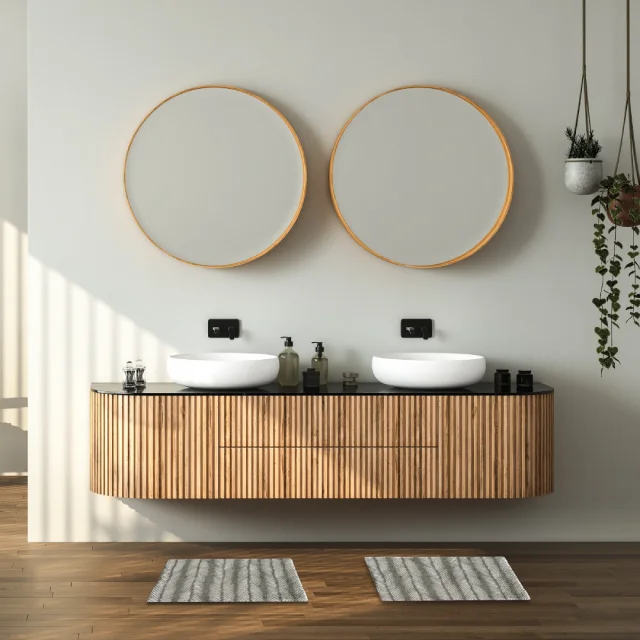 Salle de bain équipée de tapis à la fois décoratifs et absorbants.