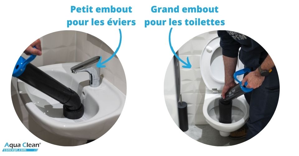 Le déboucheur à pompe dispose de deux embouts adaptés pour les éviers et les toilettes